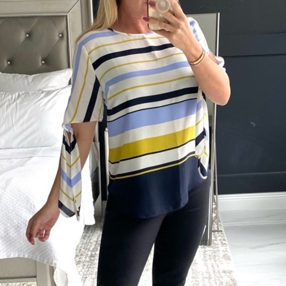 Ann Taylor Tie sleeve blouse blue white striped shirt in size MP good condition